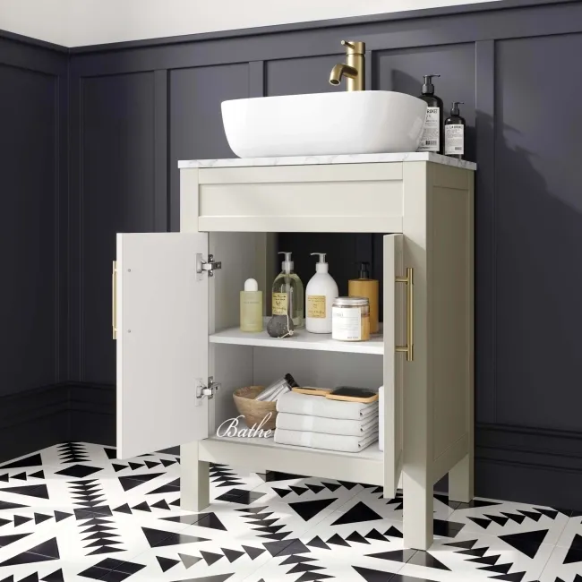 Bermuda Chalk White Vanity with Marble Top & Curved Counter Top Basin 600mm - Brass Knurled Handles