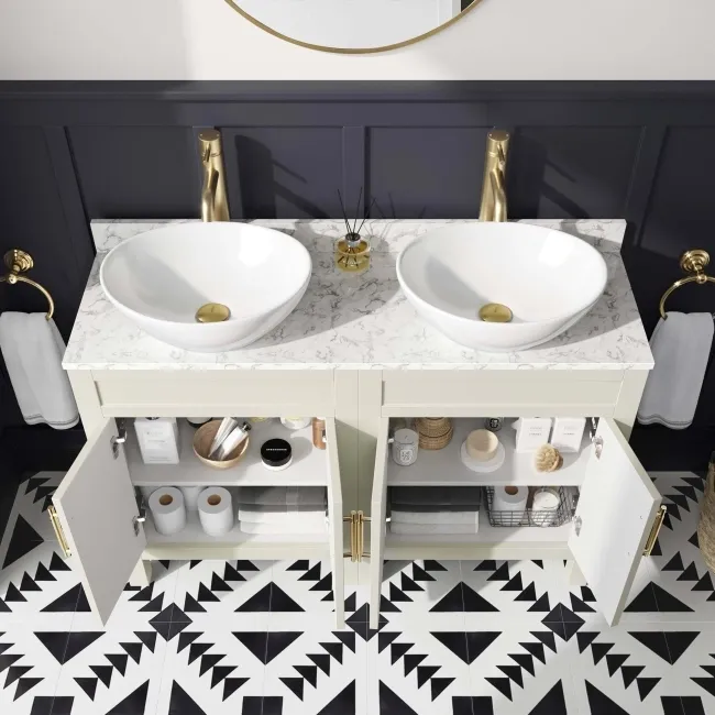 Bermuda Chalk White Vanity with Marble Top & Oval Counter Top Basin 1200mm - Brass Knurled Handles
