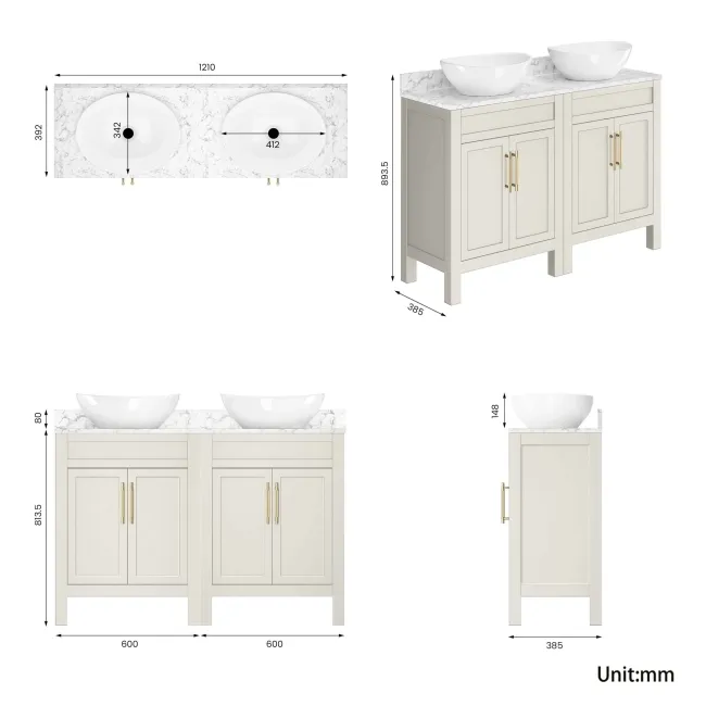 Bermuda Chalk White Vanity with Marble Top & Oval Counter Top Basin 1200mm - Brass Knurled Handles