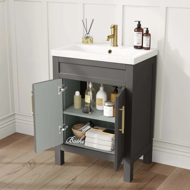 Bermuda Graphite Grey Basin Vanity 600mm - Brass Knurled Handles