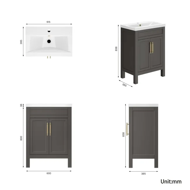 Bermuda Graphite Grey Basin Vanity 600mm - Brass Knurled Handles