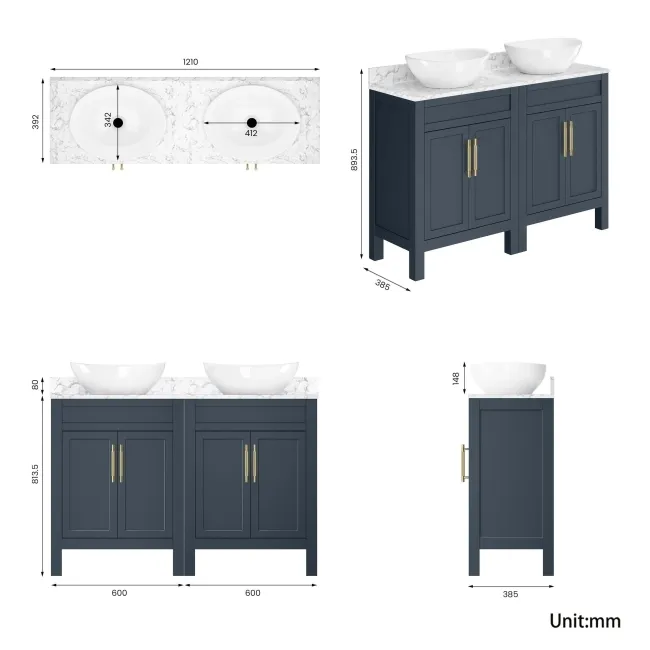 Bermuda Inky Blue Vanity with Marble Top & Oval Counter Top Basin 1200mm - Brass Knurled Handles