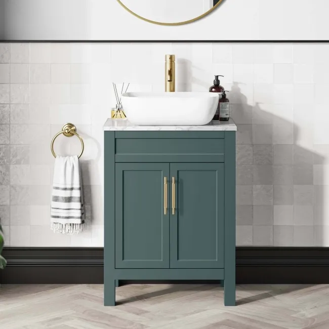 Bermuda Midnight Green Vanity with Marble Top & Curved Counter Top Basin 600mm - Brass Knurled Handles