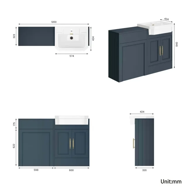 Monaco Inky Blue Traditional Basin Vanity and Back To Wall Unit 1200mm (Excludes Pan & Cistern) - Brass Knurled Handles
