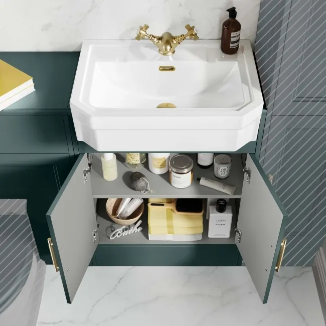 Monaco Midnight Green Traditional Basin Vanity and Back To Wall Unit 1200mm (Excludes Pan & Cistern) - Brass Knurled Handles