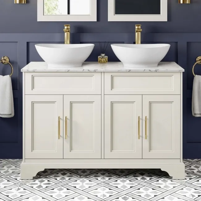 Lucia Chalk White Double Vanity with Marble Top & Oval Counter Top Basin 1200mm - Brass Knurled Handles