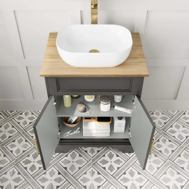 Lucia Graphite Grey Vanity with Oak Effect Top & Curved Counter Top Basin 640mm - Brass Knurled Handles