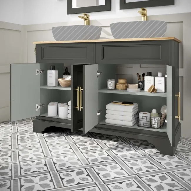 Lucia Graphite Grey Cabinet with Oak Effect Top 1200mm (Excludes Counter Top Basins) - Brass Knurled Handles