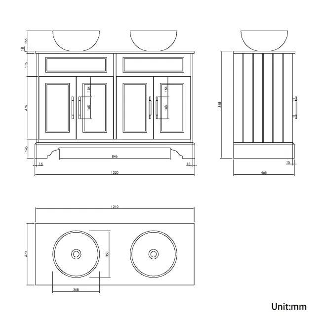 Lucia Graphite Grey Double Vanity with Oak Effect Top & Round Counter Top Basin 1200mm - Brass Knurled Handles