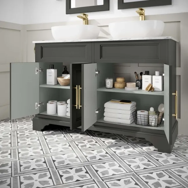 Lucia Graphite Grey Double Vanity with Marble Top & Curved Counter Top Basin 1200mm - Brass Knurled Handles