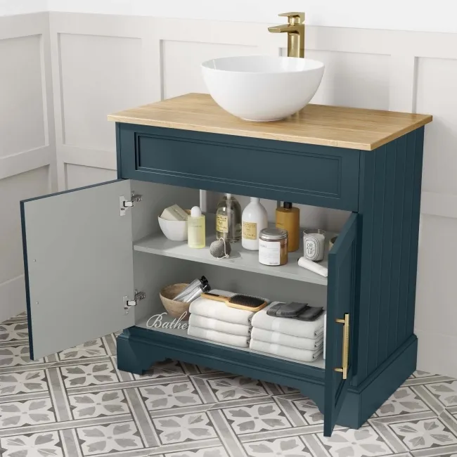 Lucia Inky Blue Vanity with Oak Effect Top & Round Counter Top Basin 840mm - Brass Knurled Handles