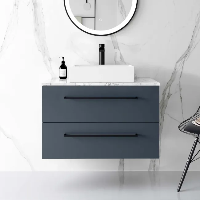 Elba Inky Blue Wall Hung Drawer Vanity with Marble Top & Cody Basin 800mm - Black Accents
