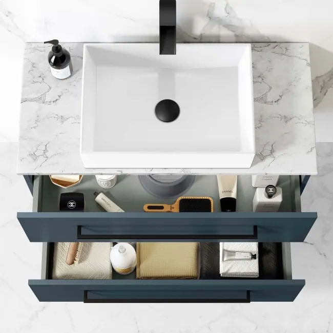 Elba Inky Blue Wall Hung Drawer Vanity with Marble Top & Cody Basin 800mm - Black Accents