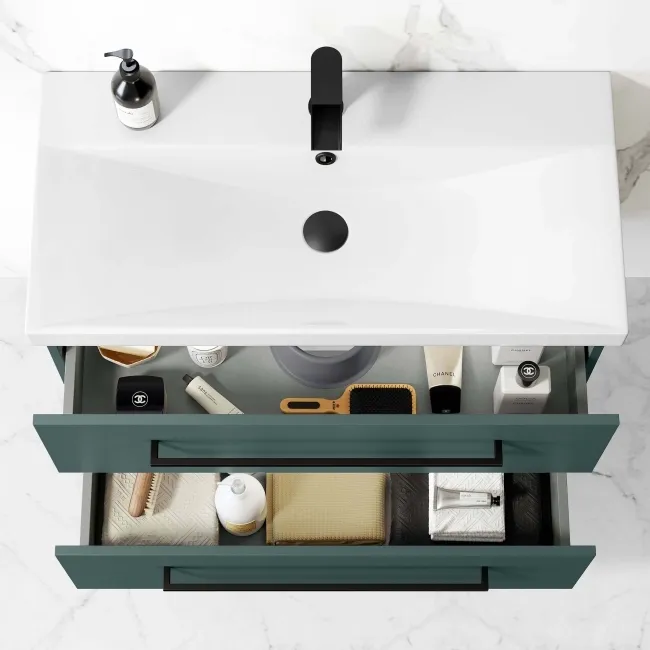 Elba Midnight Green Wall Hung Basin Drawer Vanity 800mm - Black Accents
