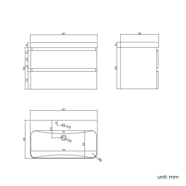 Corsica Midnight Green Wall Hung Basin Drawer Vanity 800mm