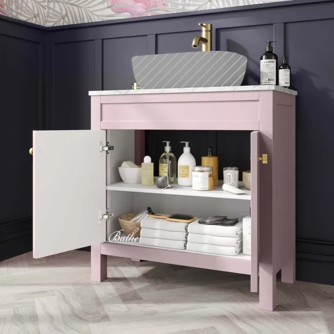 Bermuda Cashmere Pink Cabinet with Marble Top 800mm (Excludes Counter Top Basin) - Brushed Brass Accents