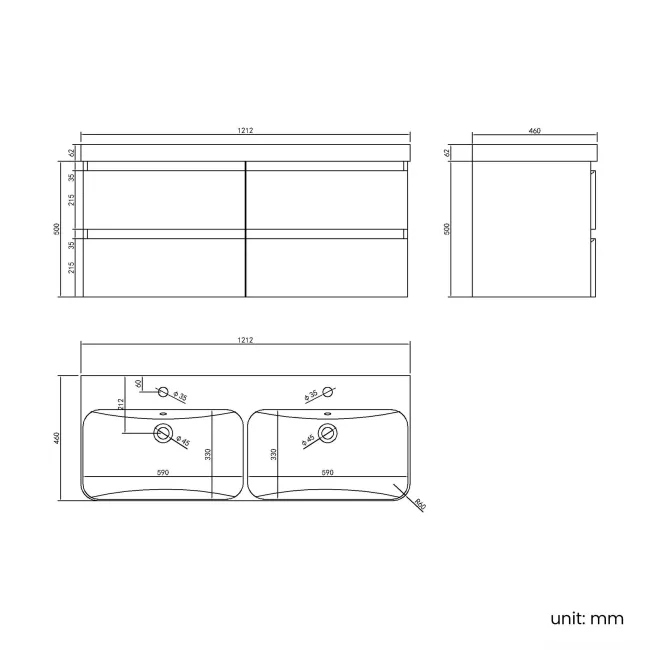 Corsica Midnight Green Wall Hung Double Basin Drawer Vanity 1200mm