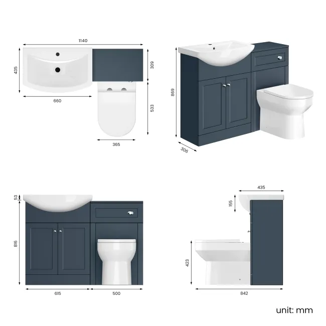 Capri Navy Blue Combination Vanity Basin and Miami Toilet 1150mm - Chrome Handles