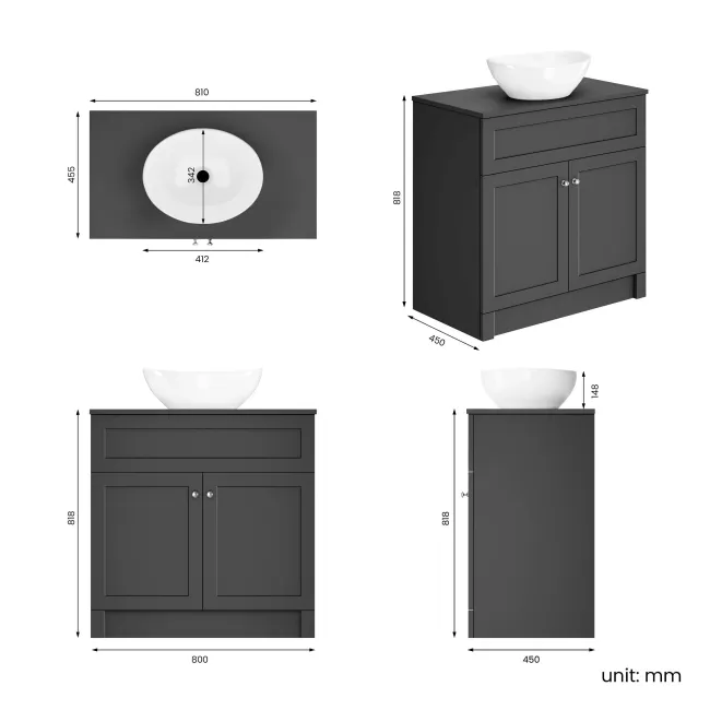 Milos Slate Grey Vanity with Oval Basin 800mm - Brushed Handles