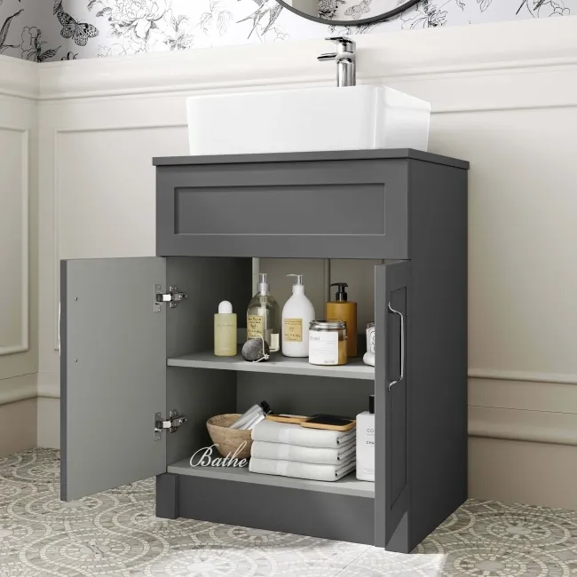Milos Slate Grey Vanity with Troy Basin 600mm - Traditional Handles