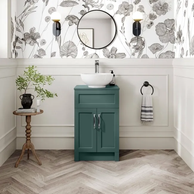 Milos Mystic Green Vanity with Mesa Basin 500mm - Traditional Handles