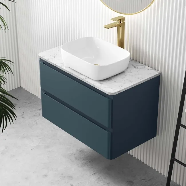 Corsica Inky Blue Wall Hung Drawer Vanity with Marble Top & Curved Counter Top Basin 800mm