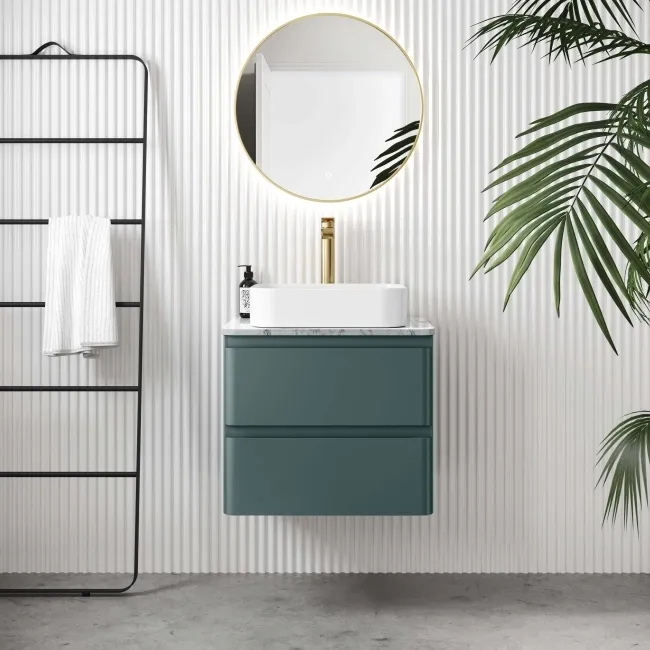 Corsica Midnight Green Wall Hung Drawer Vanity with Marble Top & Marin Basin 600mm