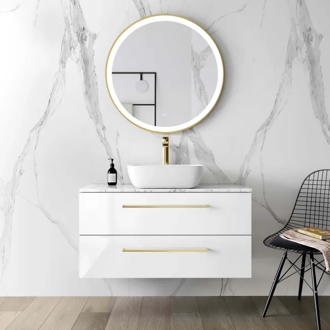 Elba Gloss White Wall Hung Drawer Vanity with Marble Top & Curved Counter Top Basin 1000mm - Brushed Brass Accents