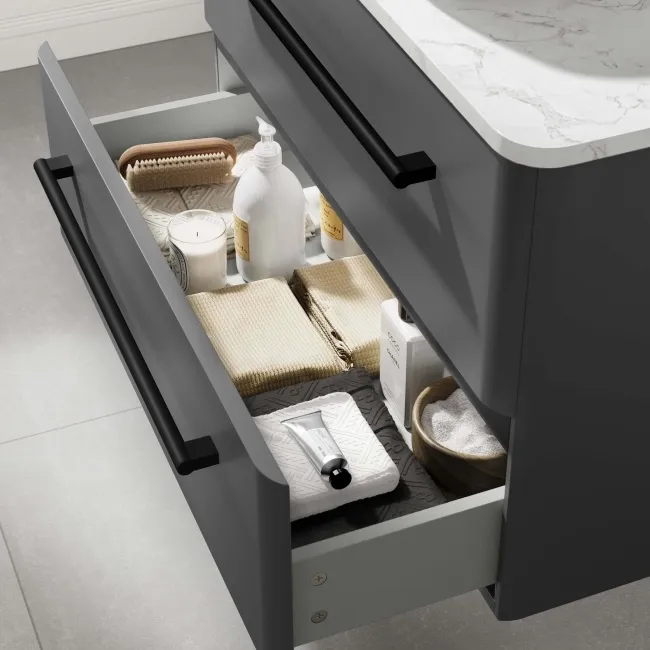 Omaha Slate Grey Wall Hung Drawer Vanity with Marble Top & Curved Counter Top Basin 800mm - Black Accents