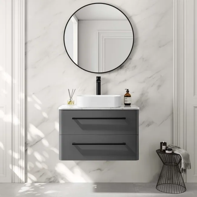 Omaha Slate Grey Wall Hung Drawer Vanity with Marble Top & Marin Basin 800mm - Black Accents