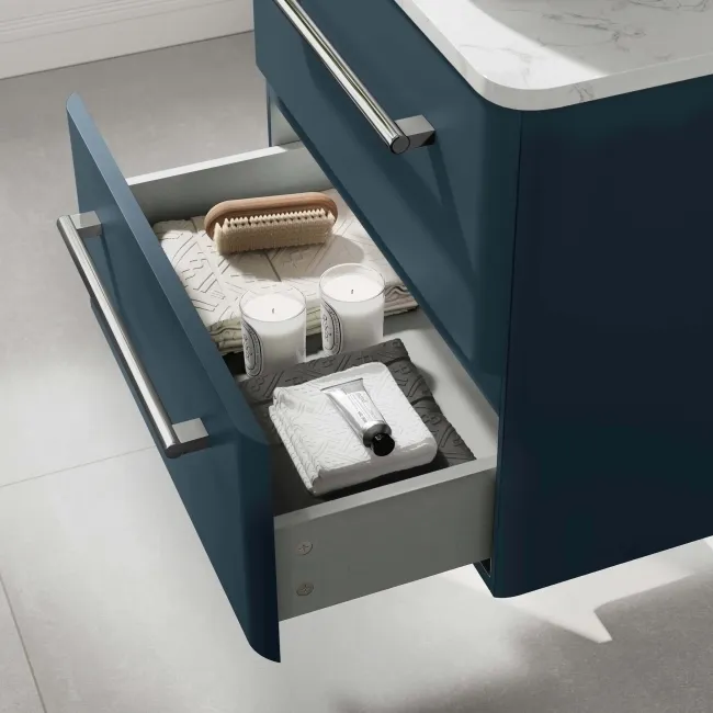 Omaha Navy Blue Wall Hung Drawer Vanity with Marble Top & Curved Counter Top Basin 600mm