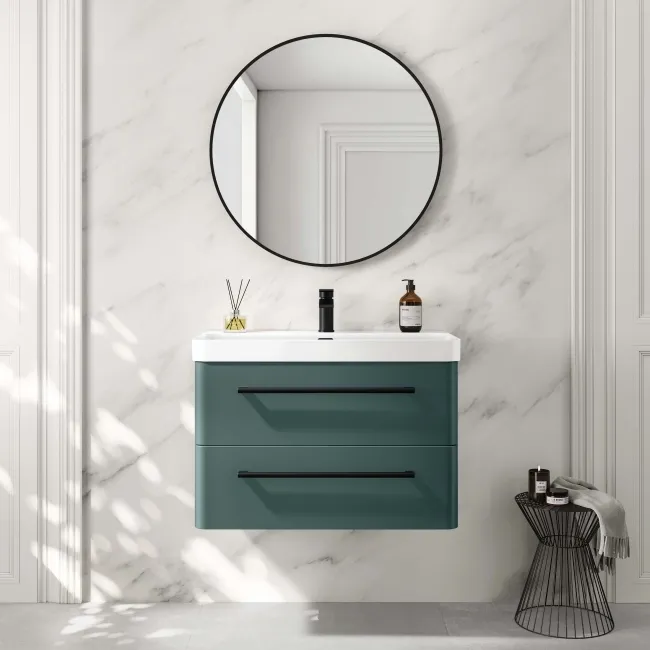 Omaha Mystic Green Wall Hung Basin Drawer Vanity 800mm - Black Accents