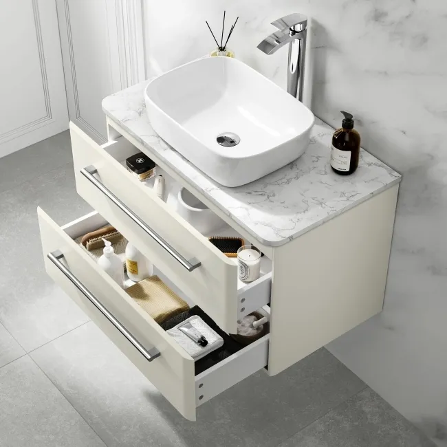 Omaha Linen White Wall Hung Drawer Vanity with Marble Top & Curved Counter Top Basin 800mm
