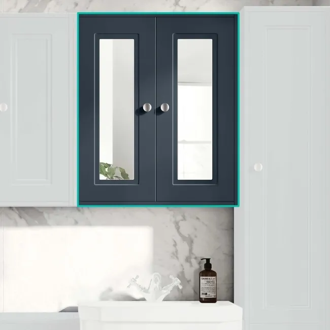 Inky Blue Wall Hung Mirror Cabinet 700x600mm