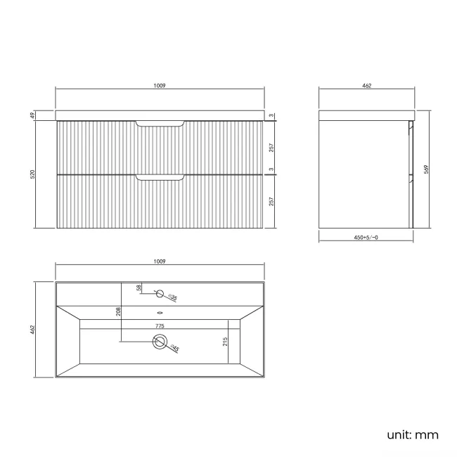 Crete Fluted Linen White Wall Hung Basin Drawer Vanity 1000mm