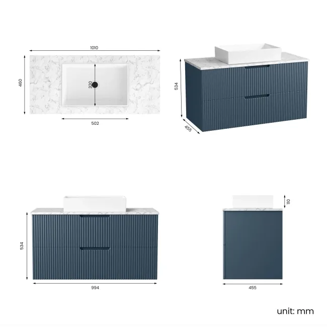 Crete Fluted Navy Blue Wall Hung Drawer Vanity with Marble Top & Cody Basin 1000mm