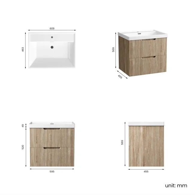 Crete Fluted Apex Oak Wall Hung Basin Drawer Vanity 600mm