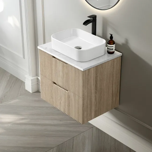 Crete Fluted Apex Oak Wall Hung Drawer Vanity with Marble Top & Marin Basin 600mm