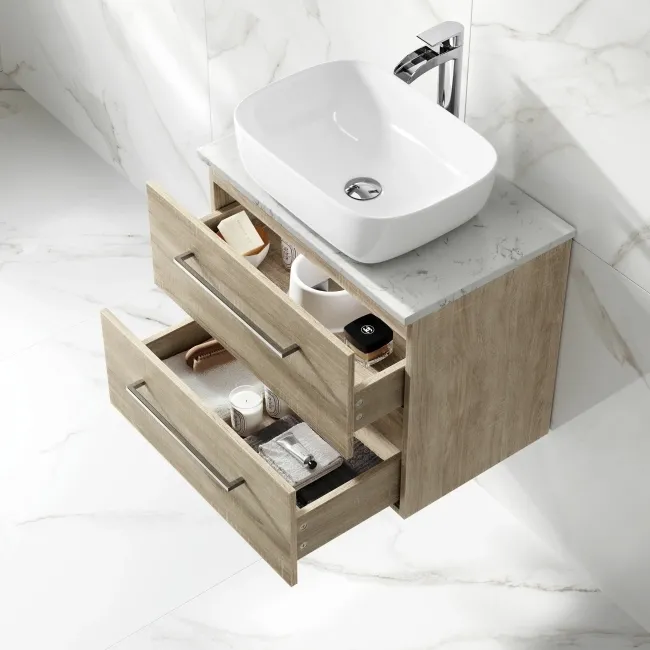 Elba Dawn Oak Wall Hung Drawer Vanity with Marble Top & Curved Counter Top Basin 600mm