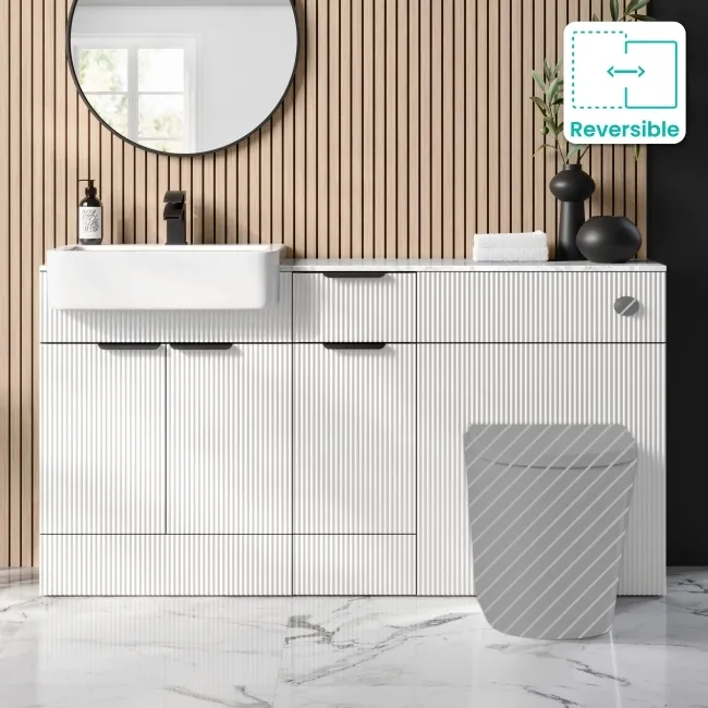 Sicily Fluted Coastal White Combination Vanity Basin with Marble Top 1500mm (Excludes Toilet) - Black Accents