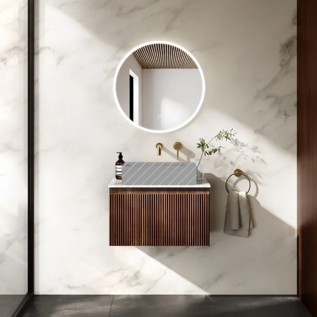 Malta Fluted Black Walnut Wall Hung Drawer Vanity with Marble Top 600mm - Excludes Counter Top Basin