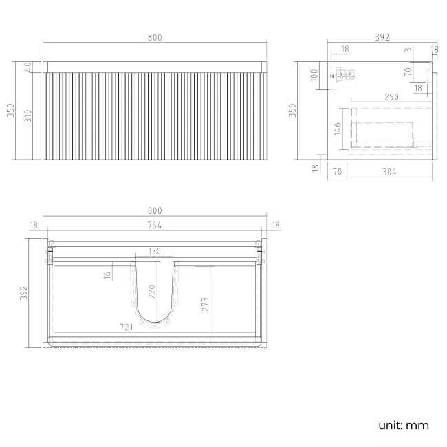 Malta Fluted Black Walnut Wall Hung Drawer Vanity with Marble Top 800mm - Excludes Counter Top Basin