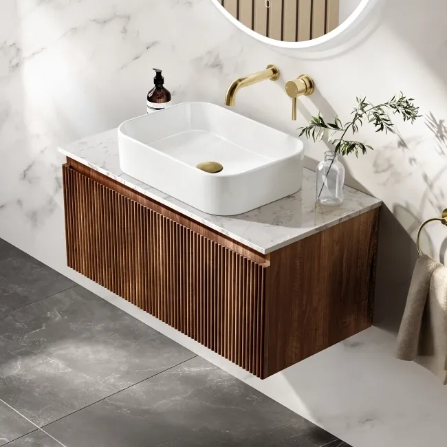 Malta Fluted Black Walnut Wall Hung Drawer Vanity with Marble Top & Marin Basin 800mm