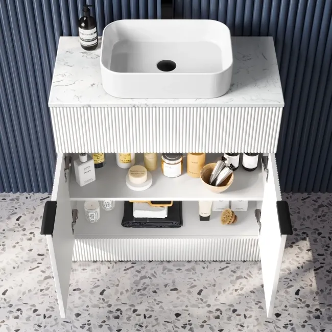 Havana Fluted Coastal White Cabinet with Marble Top & Marin Basin 800mm - Black Accents