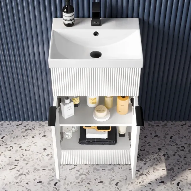 Havana Fluted Coastal White Basin Vanity and Back To Wall Toilet Unit 1000mm (Excludes Toilet) - Black Accents