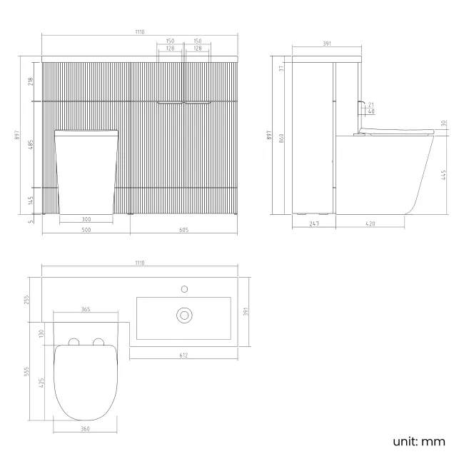 Havana Fluted Coastal White Combination Vanity Basin and Utah Comfort Height Toilet 1100mm - Black Accents - Right Handed