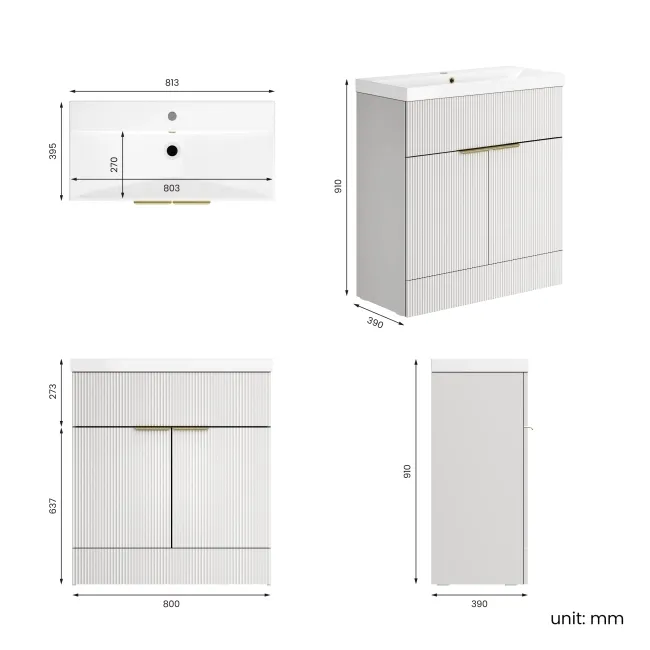 Havana Fluted Coastal White Basin Vanity 800mm - Brushed Brass Accents
