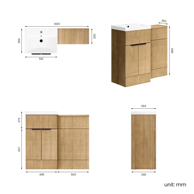 Havana Fluted Country Oak Basin Vanity and Back To Wall Toilet Unit 1000mm (Excludes Toilet) - Black Accents