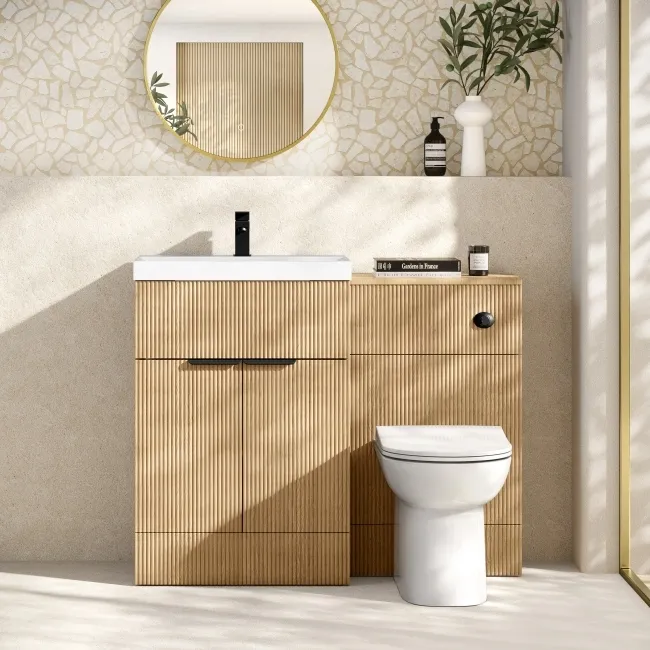 Havana Fluted Country Oak Combination Vanity Basin and Aruba Toilet 1100mm - Black Accents