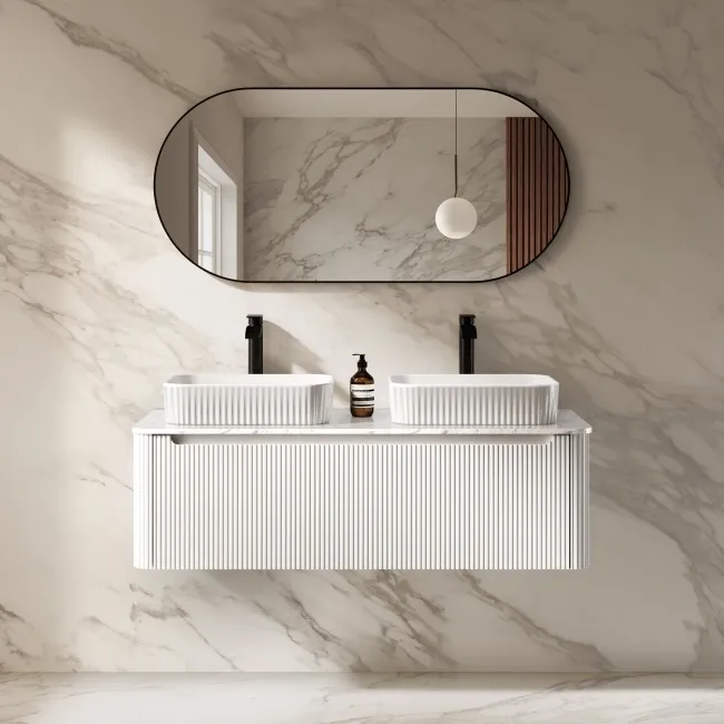 Sorrento Fluted Coastal White Double Wall Hung Drawer Vanity with Marble Top & Reno Basin 1200mm